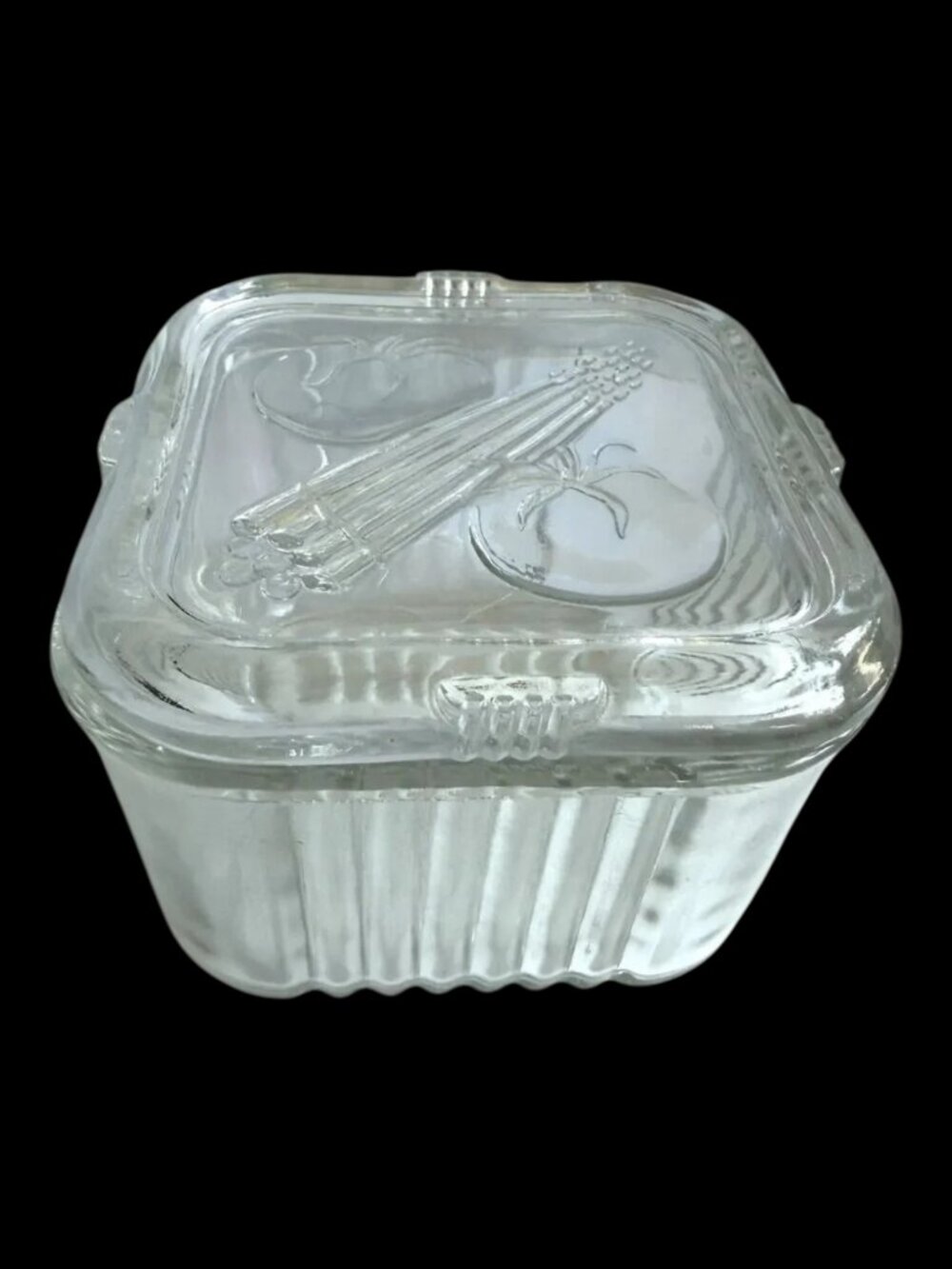 Federal Glass Clear Refrigerator Dish Ribbed 2 Tomatoes Vegetable on Lid 4in